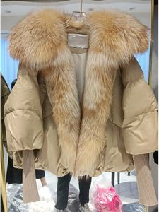 Veste d'hiver en fausse fourrure pour femme manteau en duvet de canard blanc femmes manteaux de vraie fourrure Super grand col en vraie fourrure surdimensionné spécifique avec manches en tricot mode 231102