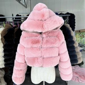 Womens Fur Faux Vestes et manteaux en fausse fourrure de haute qualité pour femmes coupe courte veste de finition moelleuse avec capuche hiver 220927