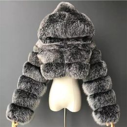 Piel para mujer Faux High Quality Ry Abrigos y chaquetas recortadas Mujeres Fluffy Top Coat con chaqueta de invierno con capucha Manteau Femme 220927
