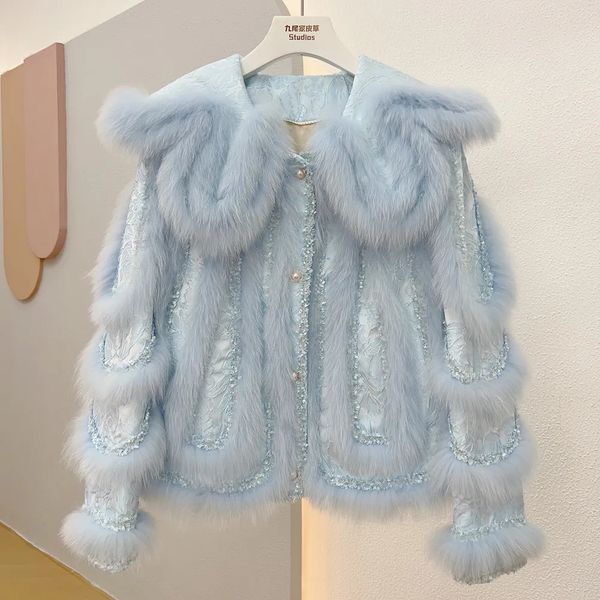Abrigo de piel sintética de diseño coreano para mujer, abrigo Natural azul y rosa con borlas, chaquetas reales, abrigo de piel 231010