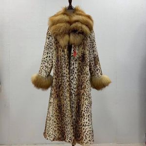 Veste longue en fausse fourrure pour femme, col à revers, peau entière naturelle, véritable lapin imprimé léopard, pardessus d'hiver 231113
