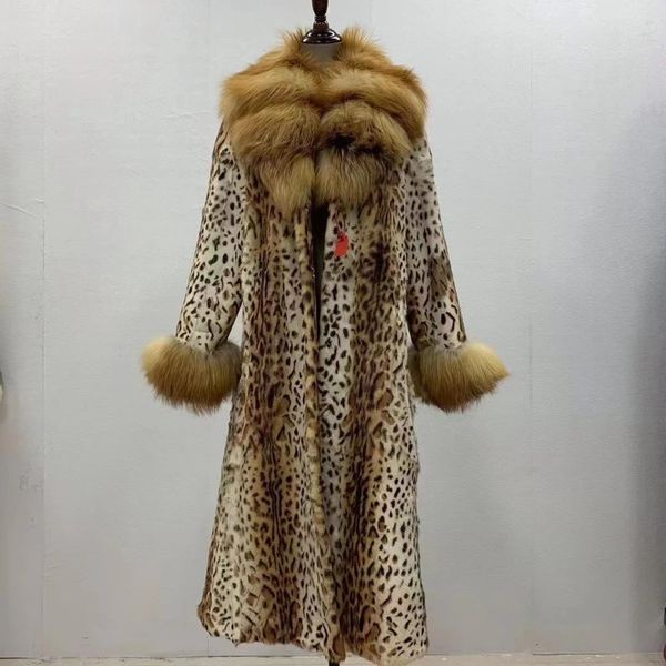 Abrigo de invierno con estampado de leopardo y conejo auténtico para mujer, Chaqueta larga auténtica de piel Natural entera con cuello de solapa de piel sintética, abrigo de invierno 231113
