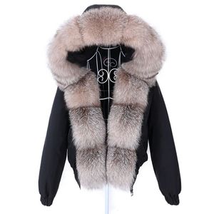 Womens Bont Faux MAOMAOKONG Mode Korte Echte Jas Natuurlijke Wasbeer Grote Kraag Winter Parka Bomberjack Waterdicht 230927