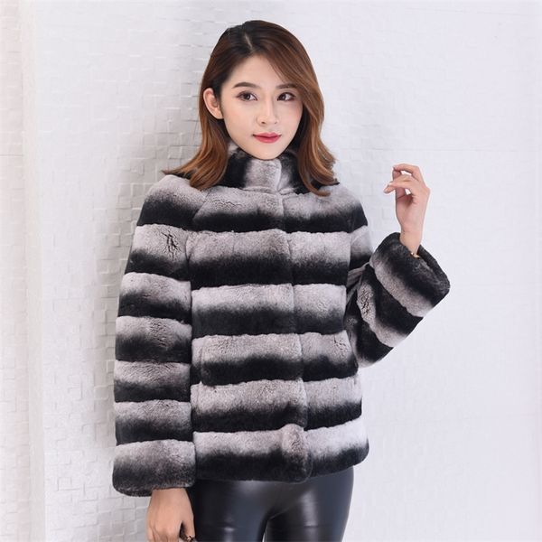 Fourrure pour femmes fausses naturelles chinchilla rex lapin réel manteau de fourrure femme veste de pardessue courte collier collier de vêtements d'extérieur rayés vêtements d'hiver 220829