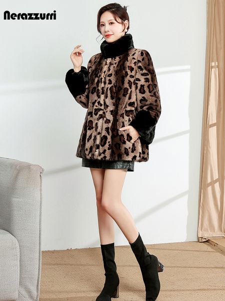 Piel para mujer Faux Nerazzurri Invierno Grueso Cálido Suave Colorido Estampado de leopardo Real Mink Coat Mujeres Stand Collar Ropa de diseñador de lujo 230922