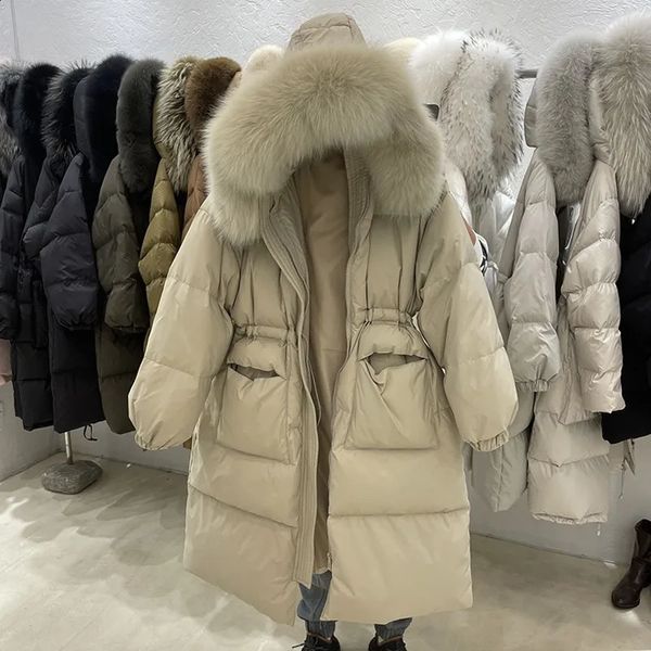 Femmes fourrure faux réel col de renard épaisseur 90% duvet de canard veste coréenne longue bouffante manteau chaud femme moelleux cordon Parkas 231116