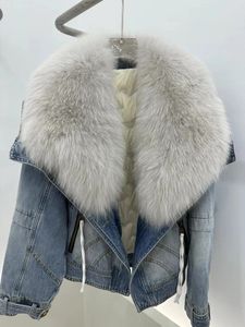 Chaqueta de gama alta con forro interior desmontable y cuello blanco grande de plumas de ganso vaquera a la moda de piel sintética para mujer 231024