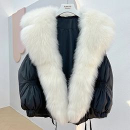 Manteau d'hiver en fausse fourrure pour femme, court, ample, avec patte de boutonnage, haut de gamme, grand col, veste en duvet de canard blanc marine, 231018