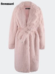 Pelliccia da donna finta zaffiro invernale lunga ultrafine rosa capelli spessi morbidi cappotto artificiale cintura alta qualità allentata casual 231121