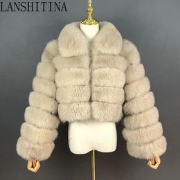 Abrigo de piel sintética para mujer, chaqueta Real para mujer, cuello elegante, manga larga, ropa corta para mujer, Natural 231018