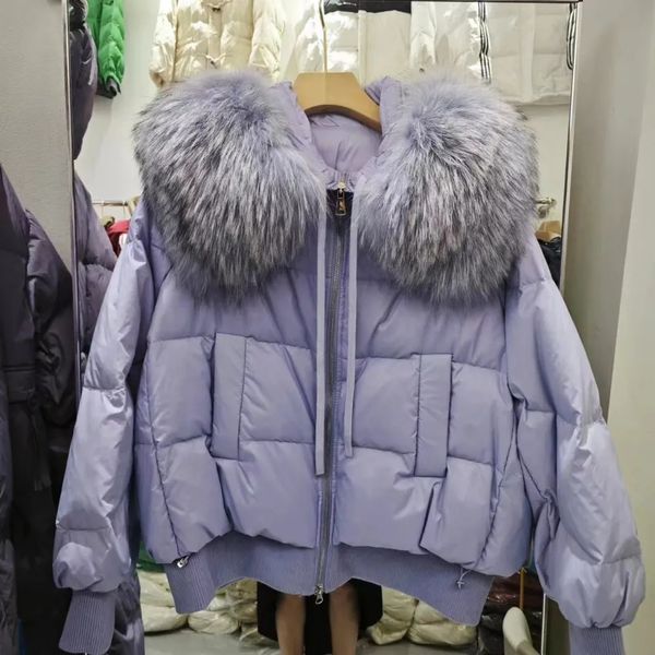 Femmes fourrure fausse hiver 90% duvet de canard veste mode européenne lâche naturel raton laveur grand cou manteau épais chaud costume de rue 231121