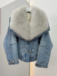 Femmes fourrure fausse hiver à la mode femmes courte Denim doudoune 90% blanc oie gratuit naturel col de renard manteau épaississement chaud 231113