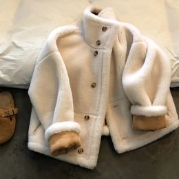 Damesbont faux winter warme dikke jas dubbele slijtage flip kraag jas Casaco Femino 231118