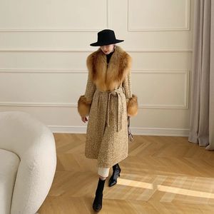 Femmes fourrure fausse hiver femmes laine mélanges Long manteau réel rouge col manchettes épais chaud veste T Plaid luxe femme 231017