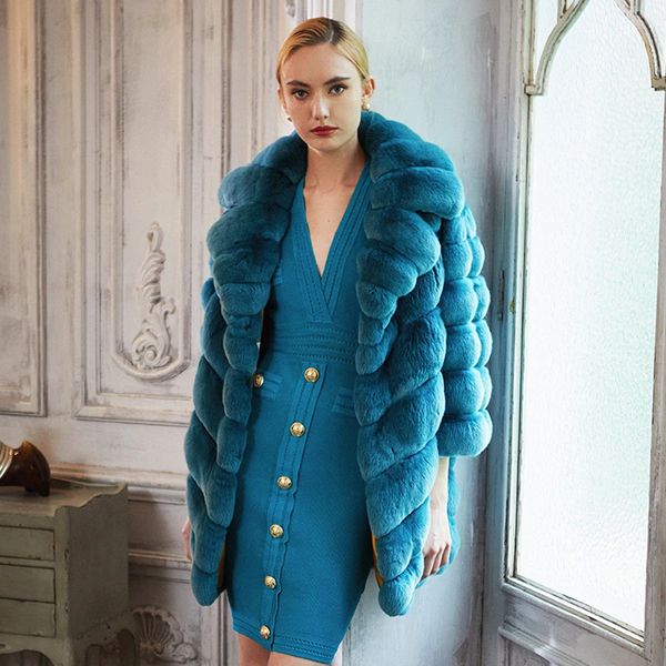 Manteau en fausse fourrure de lapin Rex naturel pour femme, mi-long, revers, vrai luxe, Chinchilla, 231018