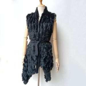 Womens Bont Faux Vrouwen Gestreept Gebreid Echt Konijn Gilet Met Riem Losse Mouwloos Echt Vest Vrouwelijke Zwart Vest 230828