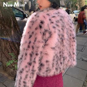 Abrigo de piel sintética Y2k para mujer, chaqueta de leopardo rosa dulce para chicas Harajuku, abrigos mullidos de invierno para mujer, ropa de calle de moda de Corea 231017