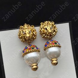 Pendientes G para mujer Gema colorida Perla Colgante Aros de oro Stud Diamante Pendiente de amor Pendientes de león de lujo Joyería de diseñador Anillos Regalos de boda Nuevo