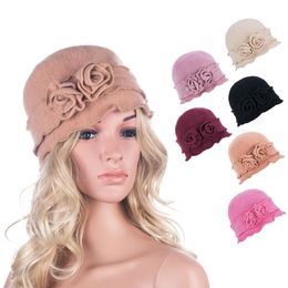 Womens Gatsby Jaren 1920 Flapper Girl Winter Warme Wollen Cap Baret Beanie Gehaakte Emmer Bloemenhoed A285241J