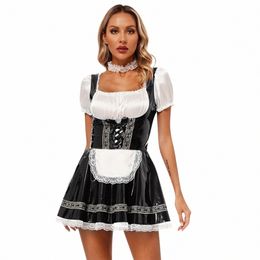 Womens Duitse Beierse Oktoberfest Beer Maid Apr Cosplay Dr Glanzend PU-leer Kanten rand A-lijn Dr met elastische choker X9ty #