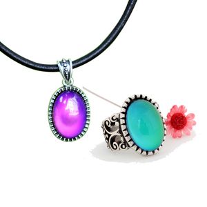 Womens Gift Fancy Steeds Sieraden Set Grote Kleur Change Stenen Ring en Lederen Collier Ketting te koop