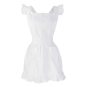 Womens Girls Ruffles Overzicht Retro Witte Schort met Zakken Verstelbare Victoriaanse Bib Maid Cosplay Keuken Bakken Kostuum 211222