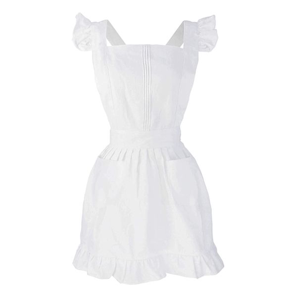 Mujeres niñas volantes contorno retro delantal blanco con bolsillos ajustable victoriano babero criada cosplay cocina hornear traje 211222