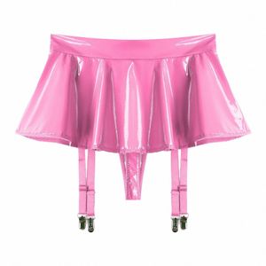 Mini-jupe à volants en cuir verni brillant pour femmes Porte-jarretelles intégrée Thgs Clips en métal Shorts Mini-jupe Wet Look Rave Clubwear m1C7 #