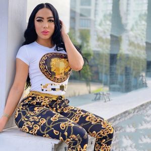 Womens Gold Print Two Piece Pants Survêtements Casual Crew Neck T-shirt et pantalon Set Free Ship