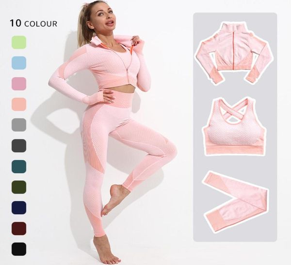 Conjunto de gimnasio para mujer Leggings de yoga Chaqueta de pantalón de cintura alta Sujetador deportivo Chándales 3 piezas Fitness Ropa activa transpirable Mujer Yoga Worko1991236