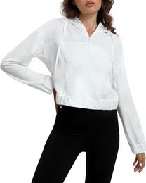 Sudaderas con capucha recortadas con media cremallera para mujer, sudaderas con cremallera de un cuarto, ropa informal de otoño, trajes, suéter para mujer