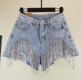 Dames zware strass franjes Gat jeans shorts shorts vrouwelijke hoge taille zomer mode brede been denim shorts