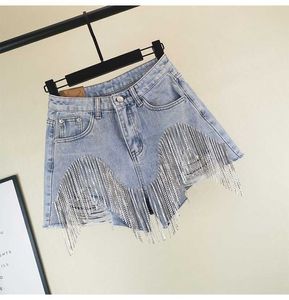 Womens zware strass jeans shorts met omzoomde gaten vrouwelijke hoge taille zomer mode wijde pijpen denim shorts