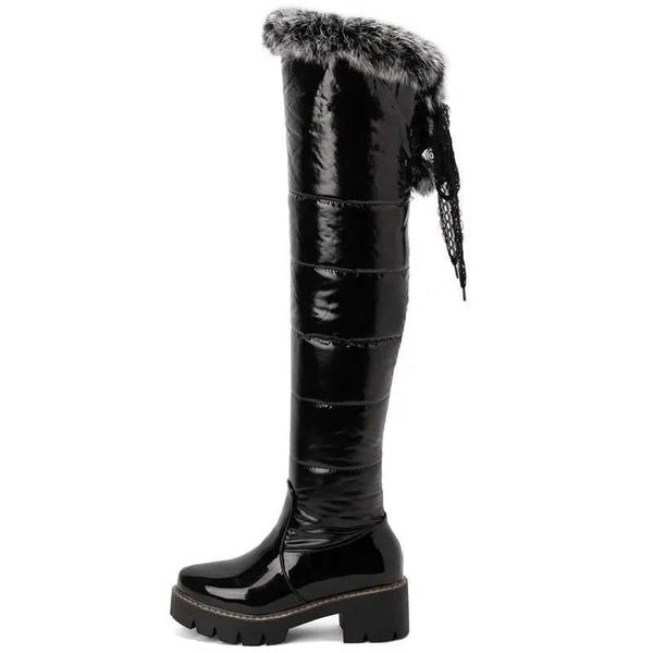 Femmes bottes de neige hautes chaussures d'hiver plate-forme en peluche fourrure surgenou botte haute plate-forme noire dames chaussures marque