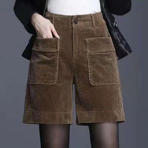 Womens Hoge Taille Solid Pocket Button Split Broek Herfst/Winter Koreaanse Wijde Pijpen Corduroy Losse Mode Casual Shorts 240318