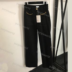 Jean taille haute droit pour femmes, pantalon à jambes larges décoré de chaîne de quincaillerie à la mode