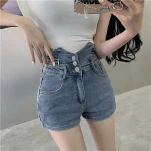 Dames High Tailed Three Button Denim Shorts Vintage Style Slim Fit Sexy Minishort vrouwelijke Wide Leg Hip Wrap Aline Pants 240409