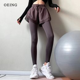 Pantalon de yoga à taille taille pour femmes faux 2 en 1 pour deux pièces élasticité gym fitness coulant sport serré pantalon sportif 240430
