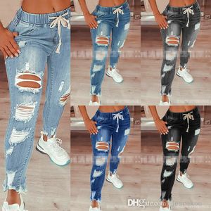 Dames Holed jeans broek mode slanke street trend grote denim broek middelste taille veter -leggings plus size kleding