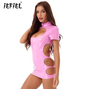 Vestidos ahuecados para mujer, manga corta, cuello levantado, cremallera en la espalda, Wetlook, charol, Mini para discoteca, espectáculo de escenario 220521