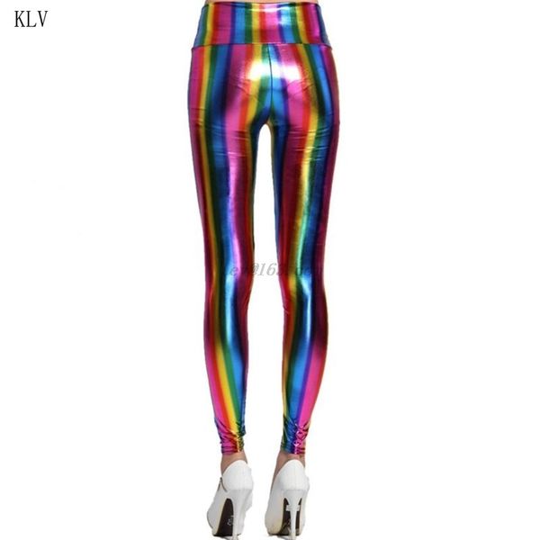 Femmes hologramme métallisé arc-en-ciel Leggings paillettes néon rayures imprimé taille haute pantalon Faux cuir fête Clubwear 201203