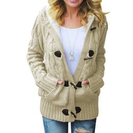 Womens Hooded Cardigans Button Up Cable Knit Sweater Coat Outerwear with Pockets Clothing For Women Loose Fleece Clothes