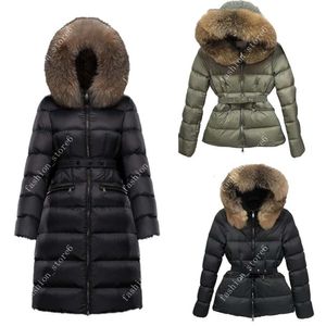 Doudoune à capuche pour femme hiver chaleur extérieure longues vestes manteaux véritable col de cheveux de raton laveur chaud mode Parkas avec ceinture dame coton manteau vêtements d'extérieur grande poche M