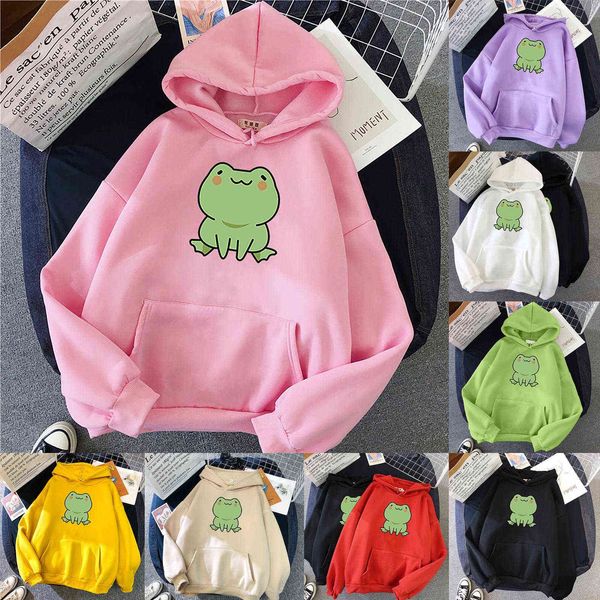 Sudadera con capucha para mujer Manga larga Dibujos animados creativos Ranas lindas Patrón Imprimir Sudadera casual Jersey Chica Linda Chaqueta de gran tamaño coreana X0721