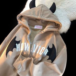 Dames hoodies American Retro Little Devil Borduurde rits Hoodie vrouwen y2k street fashion trend joker sweatshirt paar casual losse hoodie 230224