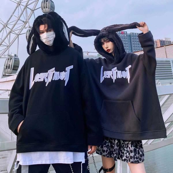 Sweats à capuche pour femmes Sweatshirts Automne et hiver Couple en peluche épaissie Sweat-shirt Design Oreille de lapin Sweat-shirt Femme Mode Ins Loose Harajuku Veste à capuche J23092