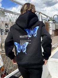 Dames Hoodies Sweatshirts Blauwe Vlinder Art Letter Slogan Design Dames Hoodie Herfst Pocket Hoody Mode Street chic Hip Hop Comfortabele truien 231201