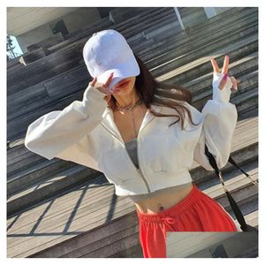 Sweats à capuche pour femmes Sweats Chic Zip Up Hoodie Femmes Fashion Casual Solid Cropped Hooded Slim Long Sleeve Top Y2K Streetwear Drop Deliv Dhupt