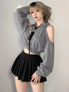 Dames Hoodies Sweatshirts Deeptown Y2K Vintage Grijs Cropped Vrouwen Harajuku Sexy Off Schouder Koreaanse Losse Casual Chic Tops Gothic Kpop 231215