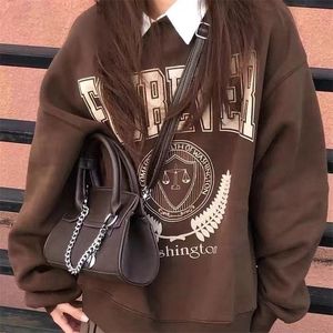 Sweats à capuche pour femmes Sweatshirts Deeptown Y2K Vintage Brown Sweatshirts Femmes Streetwear Egirl Esthétique Lettre Oversize Sweats à capuche Harajuku Style coréen Femme 220831